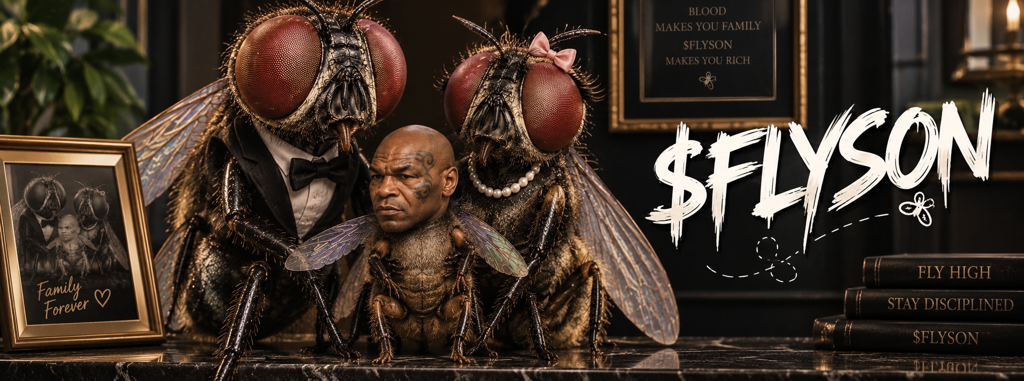 The Flyson family — fly parents and the Mike Tyson fly-son, with $FLYSON branding, a wall plaque, and a stack of books