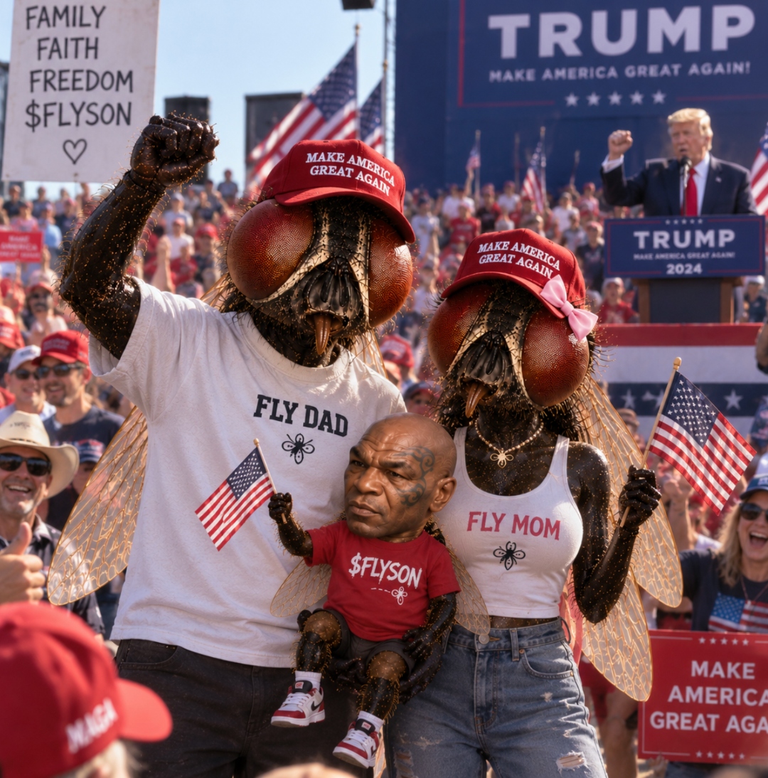 Fly family at a Trump rally, fly dad and fly mom in MAGA caps with Mike Flyson